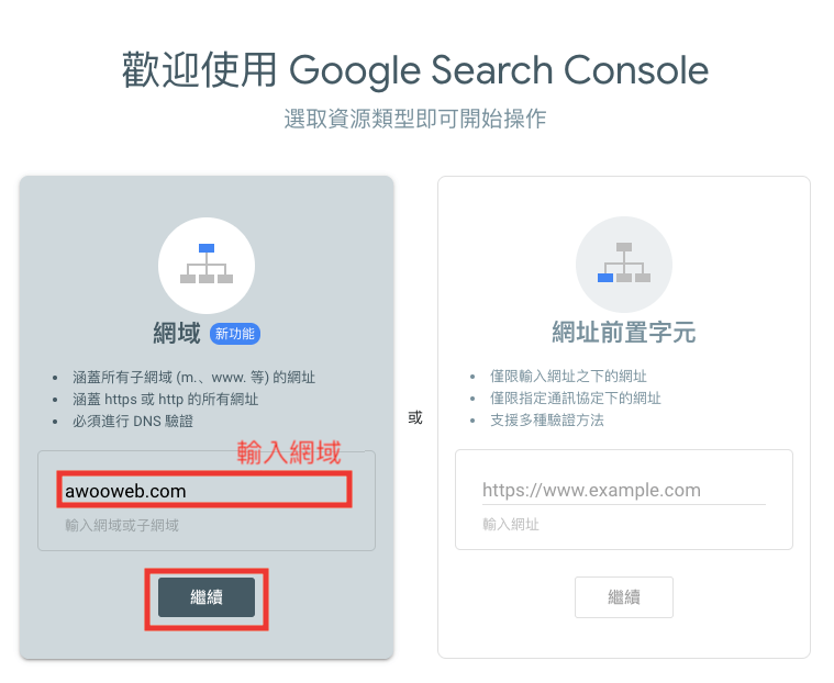 輸入要管理的網域後點選繼續